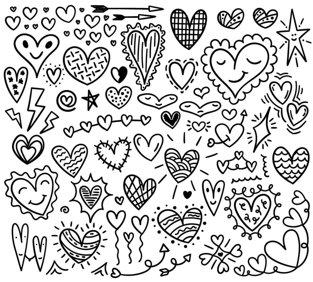 Handwritten doodle hearts. Line art and different styles. vector