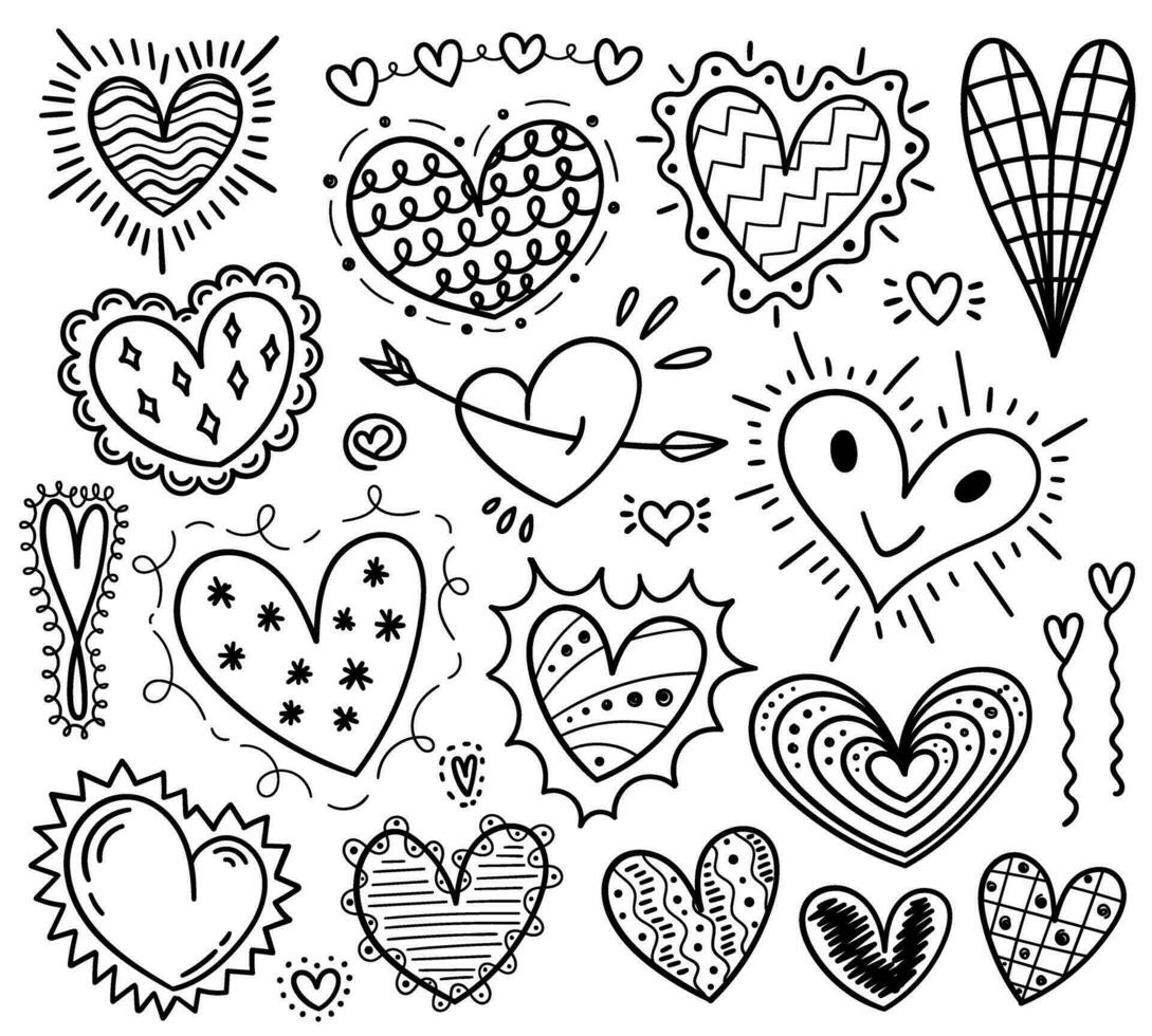 Handwritten doodle hearts. Different styles and shapes. vector