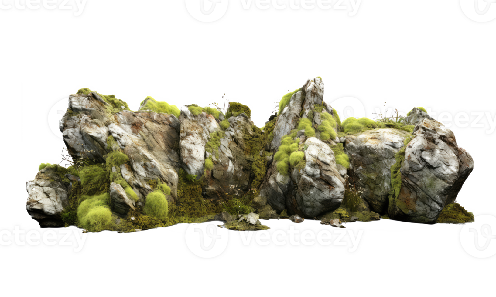 Dark rocks partially covered with moss . AI Generated png