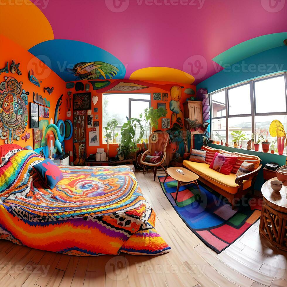 Colorful 360 Degrees Panorama House of Bedroom Interior Generated By Ai photo