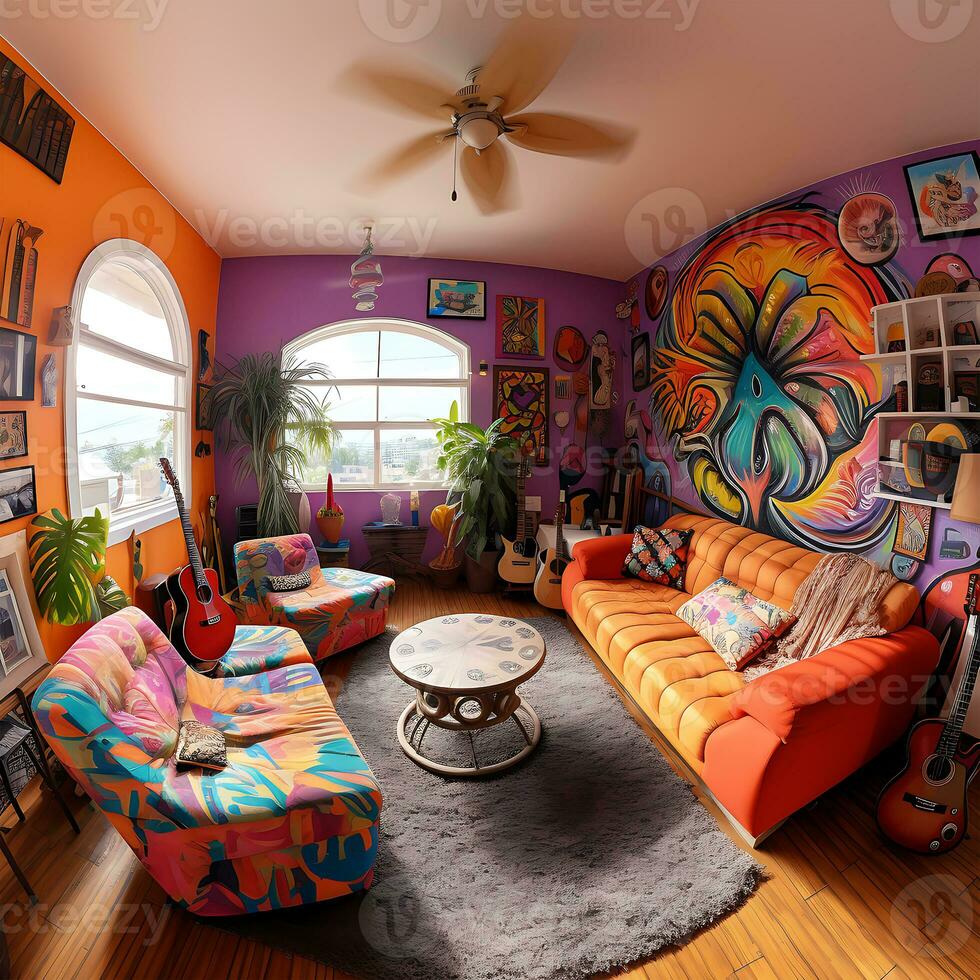 Colorful 360 Degrees Panorama House of Bedroom Interior Generated By Ai photo