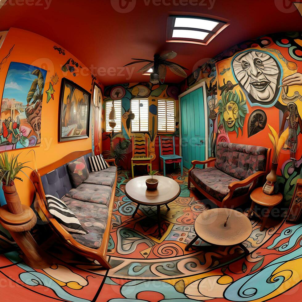 Colorful 360 Degrees Panorama House of Bedroom Interior Generated By Ai photo