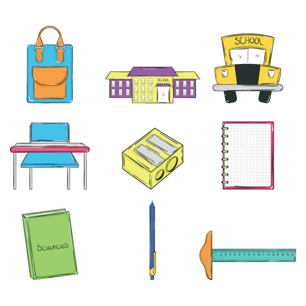 Set of colored school supplies sketch icons Vector