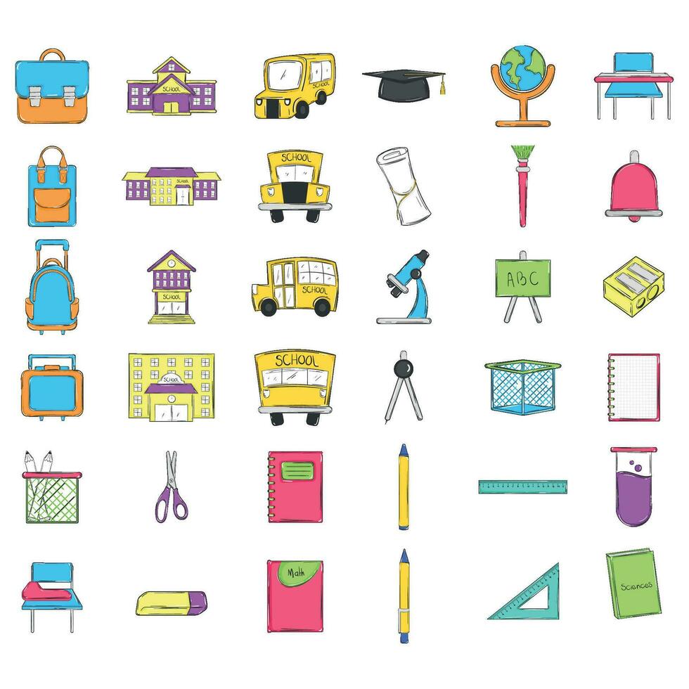 Set of colored school supplies sketch icons Vector