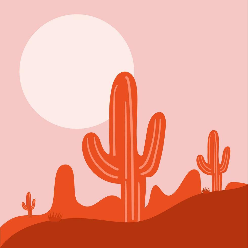 Minimalist natural abstract contemporary aesthetic background landscape mountain, cactus and sun. Minimalist art. Vector illustration