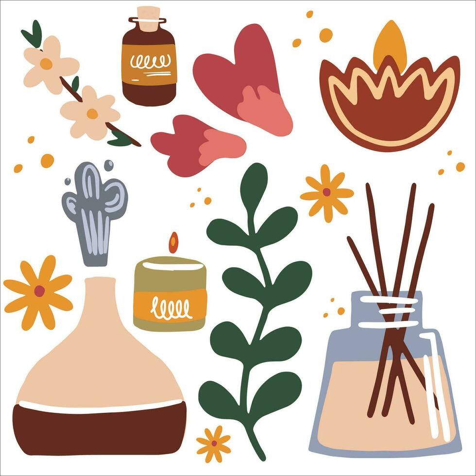 Illustration of aromatherapy and essential oils. Incense sticks, spa candles and herbs. vector