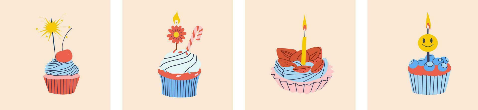 A set of cupcakes with candles. Birthday cake. For invitations, banners, flyers. vector