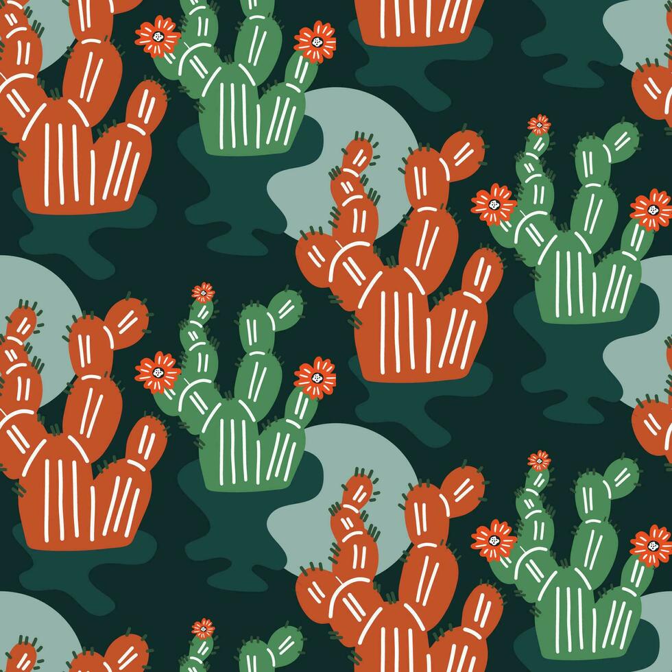 Vector drawing of seamless texture cactus in the desert with the sun for fashionable fabrics and prints