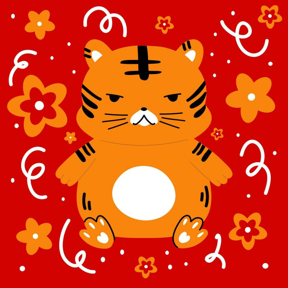 Cute tiger boy in Asian style. Cartoon hand-drawn vector illustration.