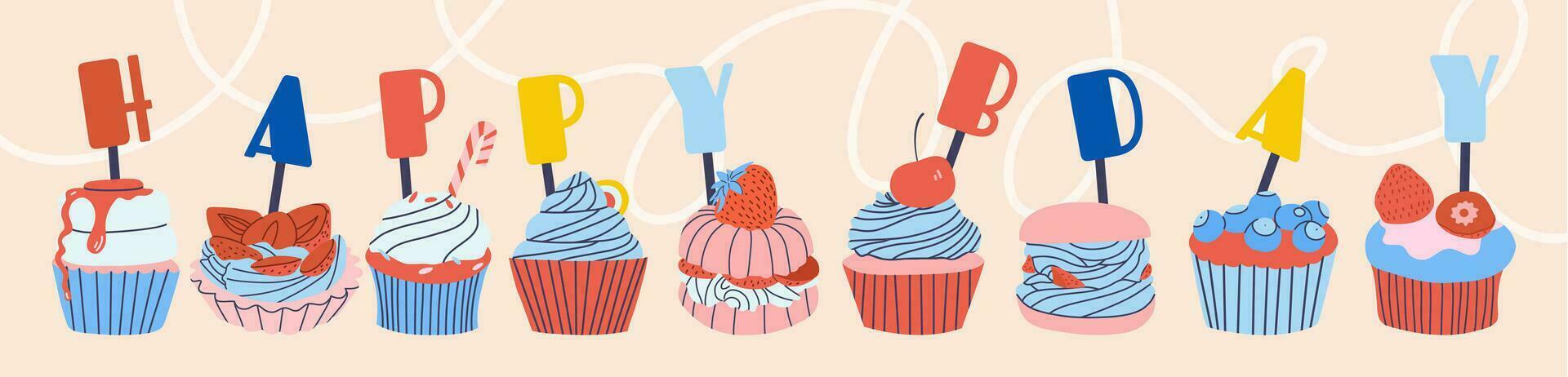 Cupcakes with a happy birthday candle. Happy birthday greetings. Use it for postcards, posters, banners, web design. vector