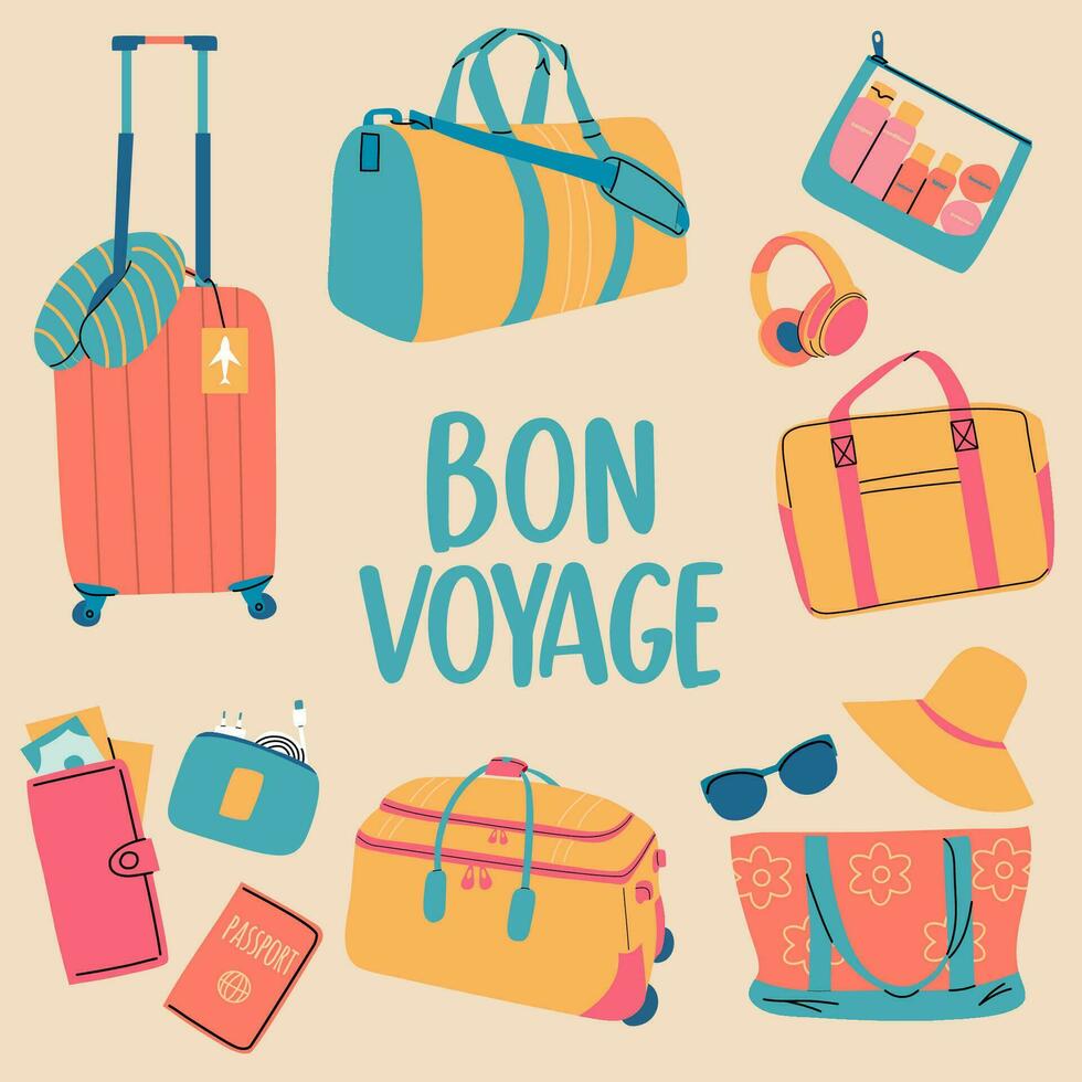 A set of travel accessories for recreation. Various luggage bags, suitcases, cosmetics, a set of things for a comfortable trip on board the plane. Bon voyage text vector