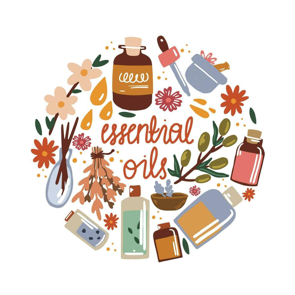 Vector illustration of essential oil. Bottles of oil and ingredients for relaxation, aromatherapy and massage.