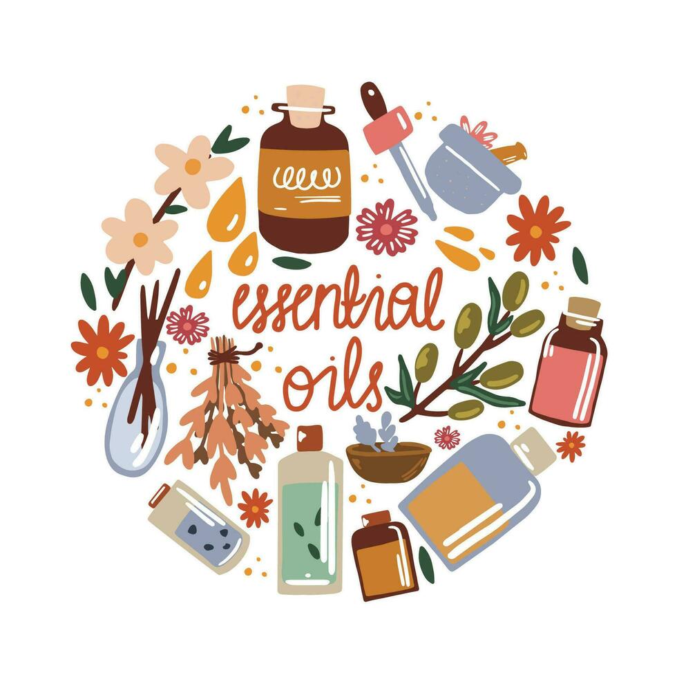 vector ilustración de esencial aceite. botellas de petróleo y ingredientes para relajación, aromaterapia y masaje.