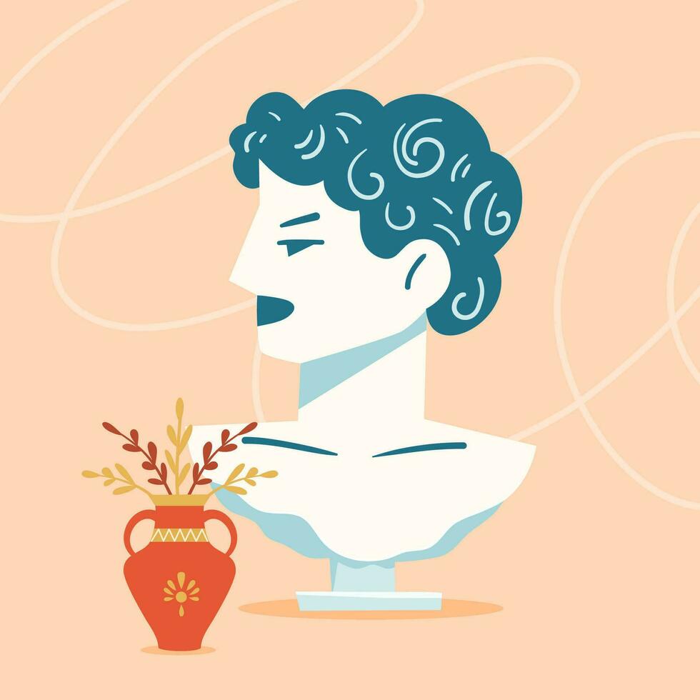 Ancient Greek sculpture. Sketch of a statue from Greek mythology, with a bust of a face. Vector illustration