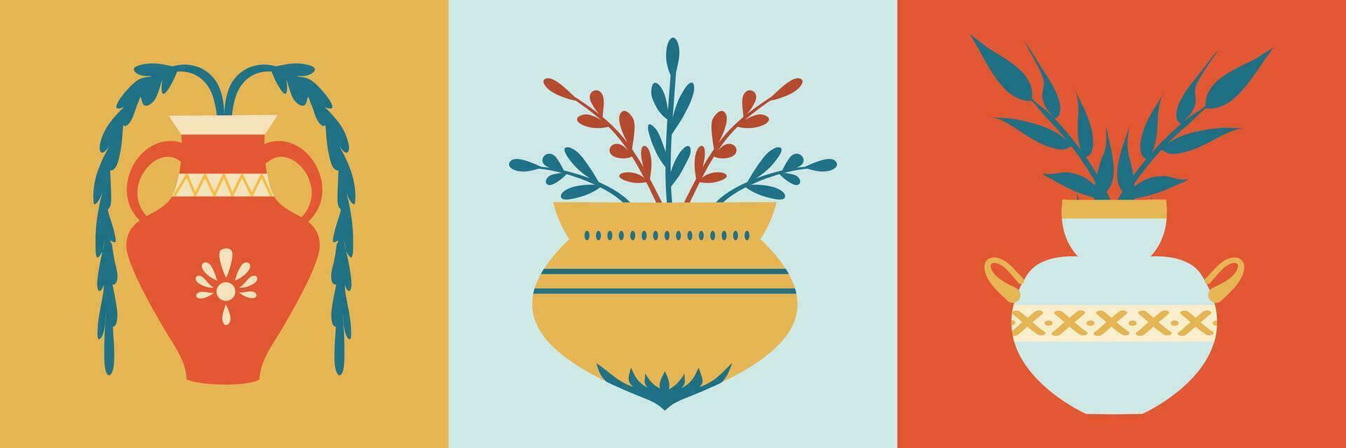 Set of posters with Ancient Greek vases, plants and leaves. Art, pottery, ceramics and culture. vector