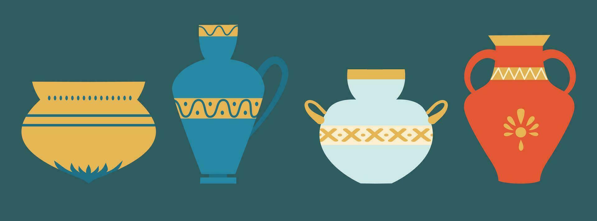 Colorful antique decoration of a Greek vase. A set of a jug with ancient history, pottery and Greek amphora. vector