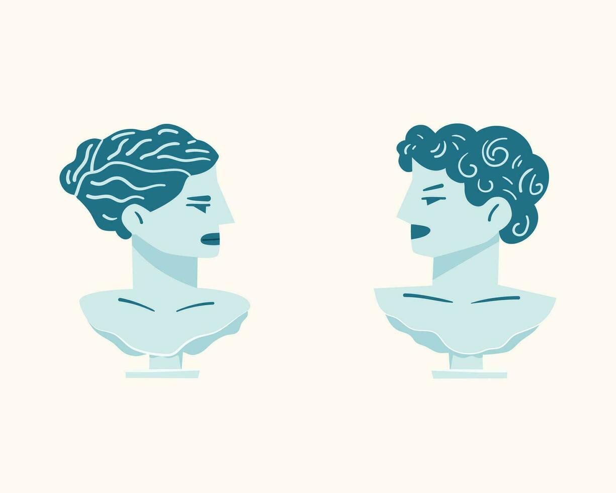 Greek sculptures. Busts of a man and a woman. Antique statues.Illustration for social media, posters, invitation etc. Vector design. Vector illustration