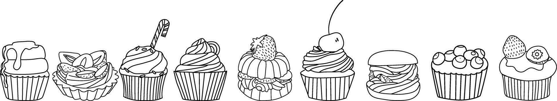 A set of various cakes, muffins and cupcakes offline. Minimalism, one continuous line, sketch, drawing. Symbol, emblem, logo, packaging design element, labels. vector