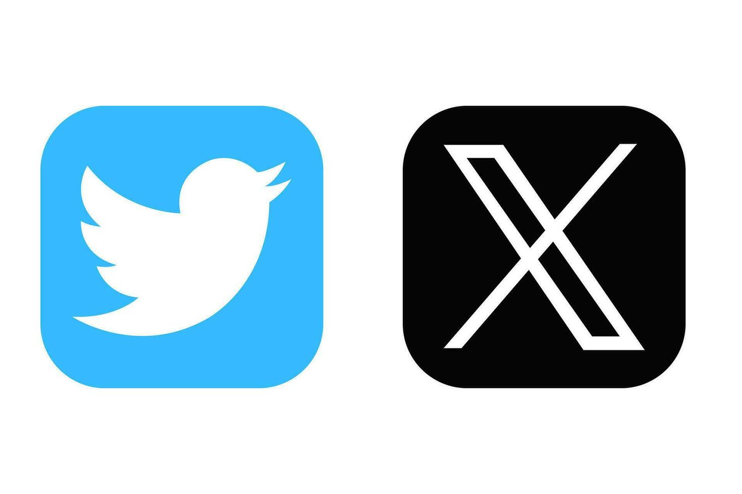 X New Twitter icon. Twitter rebrand little bird to X letter symbol. Twitter X new logo vcetor. Elon Musk change social media logo Novation. Set of Twitter new and old round and square logo. vector