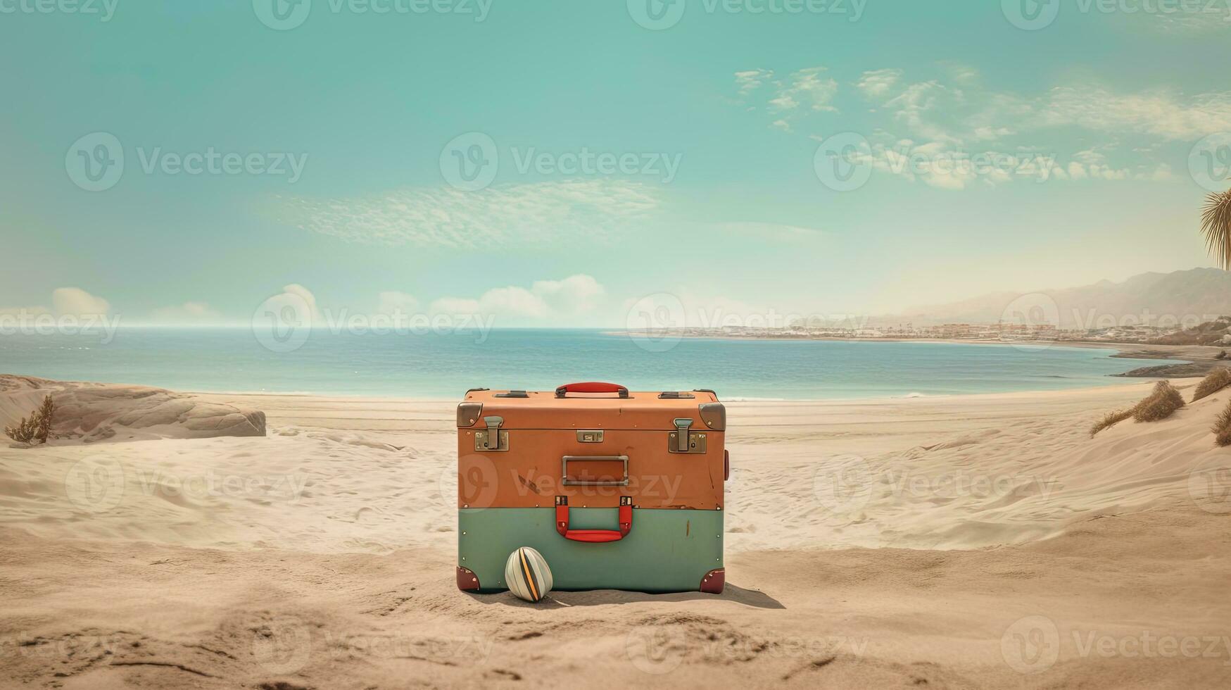 Suitcase in the sand of the beach. Vacation scene with travel case on the shore line. Generative AI. photo