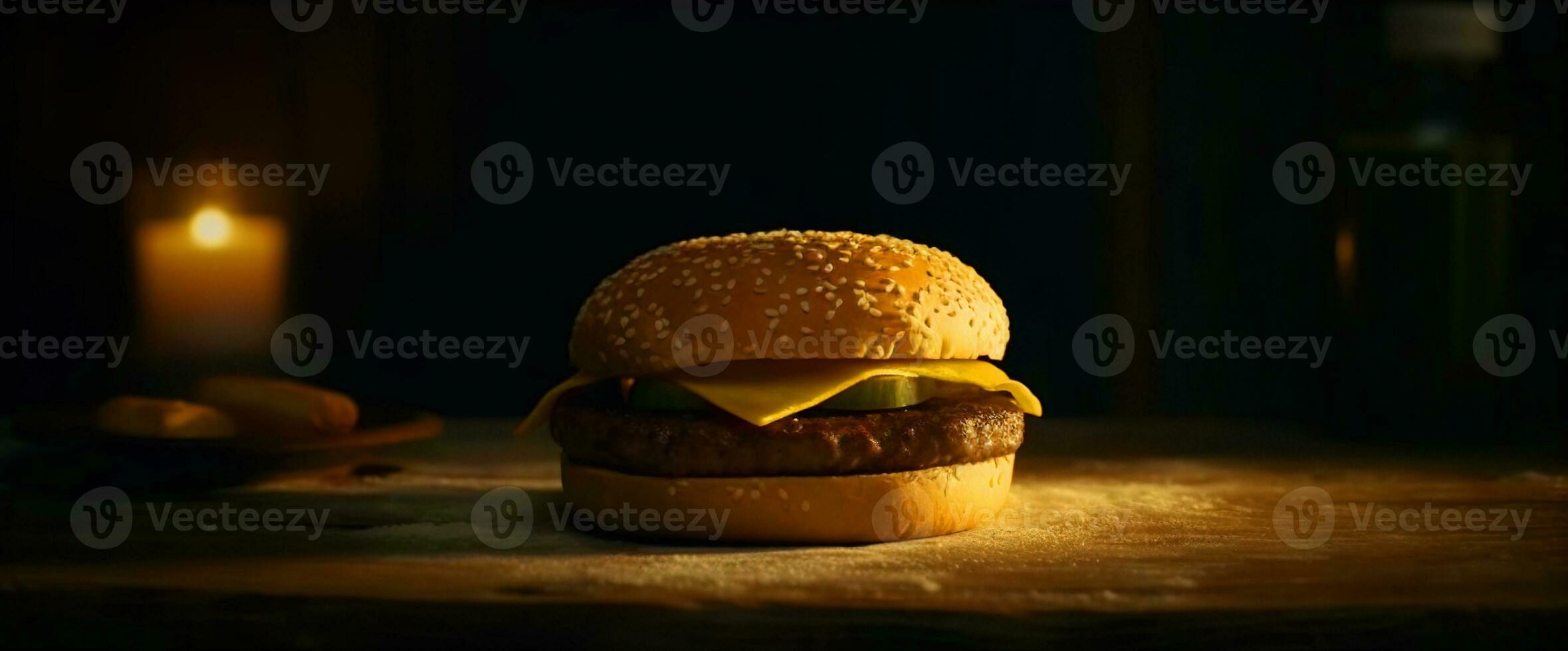 Juicy tasty hamburger on the table. Fast food image of a burger with grilled meat. Generated AI. photo