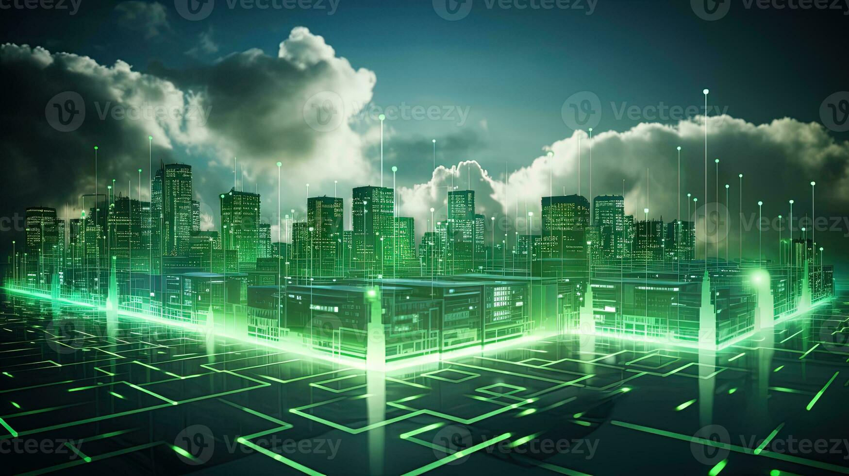 Concept of a digital city with cloud connections. Futuristic network in the clouds. Generated AI. photo