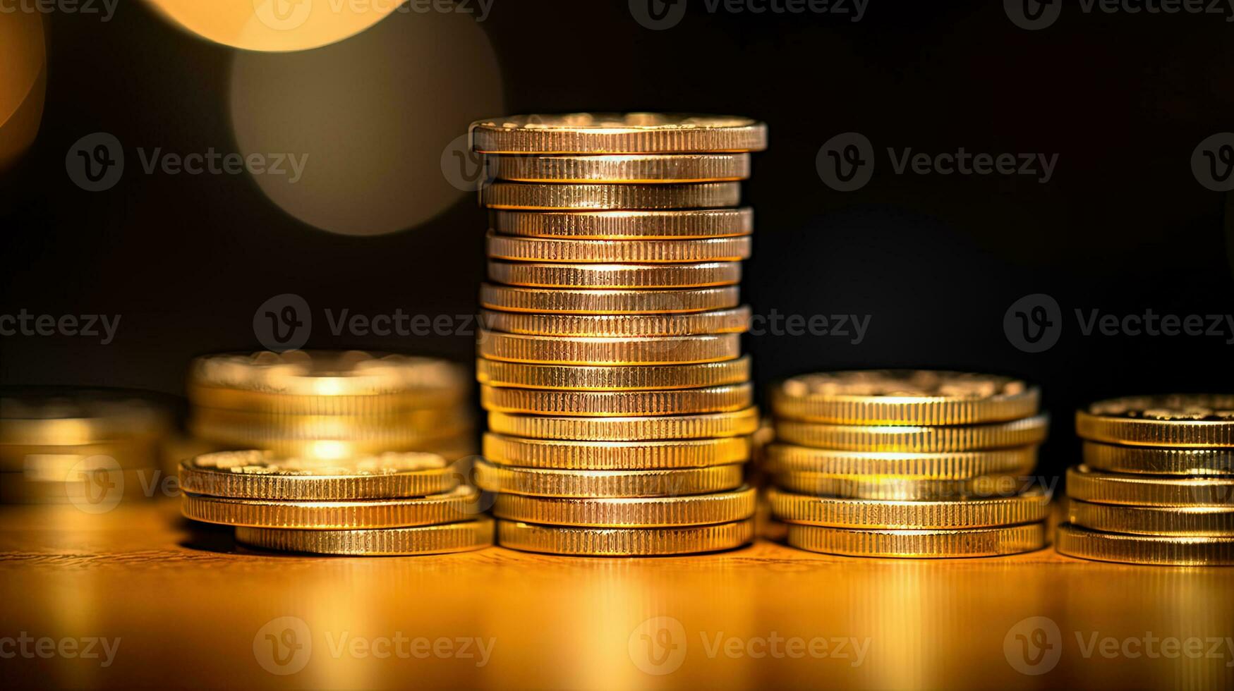 Money concept background with stacks of golden coins. Finance abstract with yellow coins. Generated AI. photo