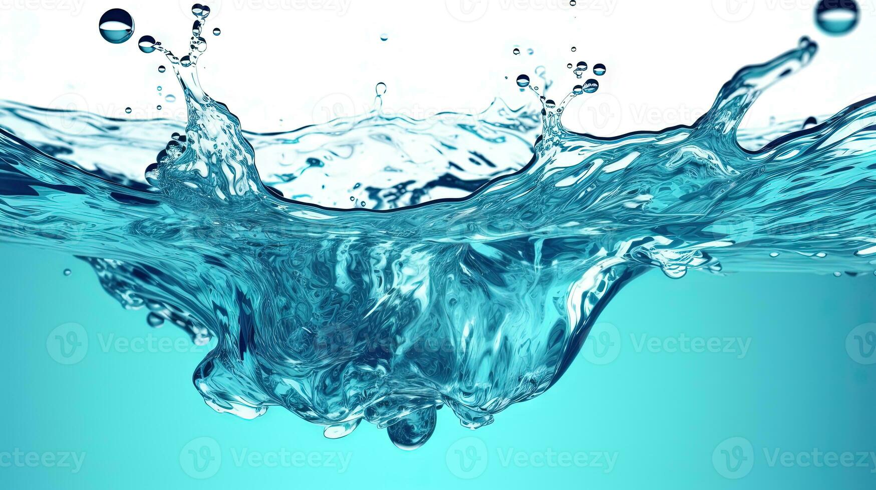 Blue water splash on white background. Liquid drips scattered. Generated AI. photo