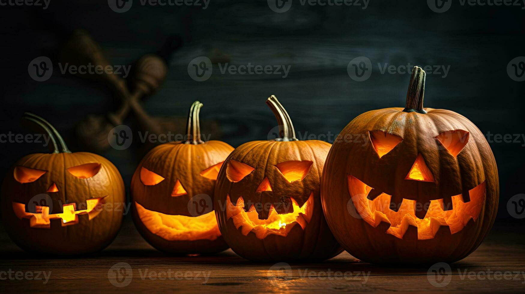 Halloween pumpkins row on the wooden floor. Jack O Lantern parade for Halloween holidays. Generated AI. photo