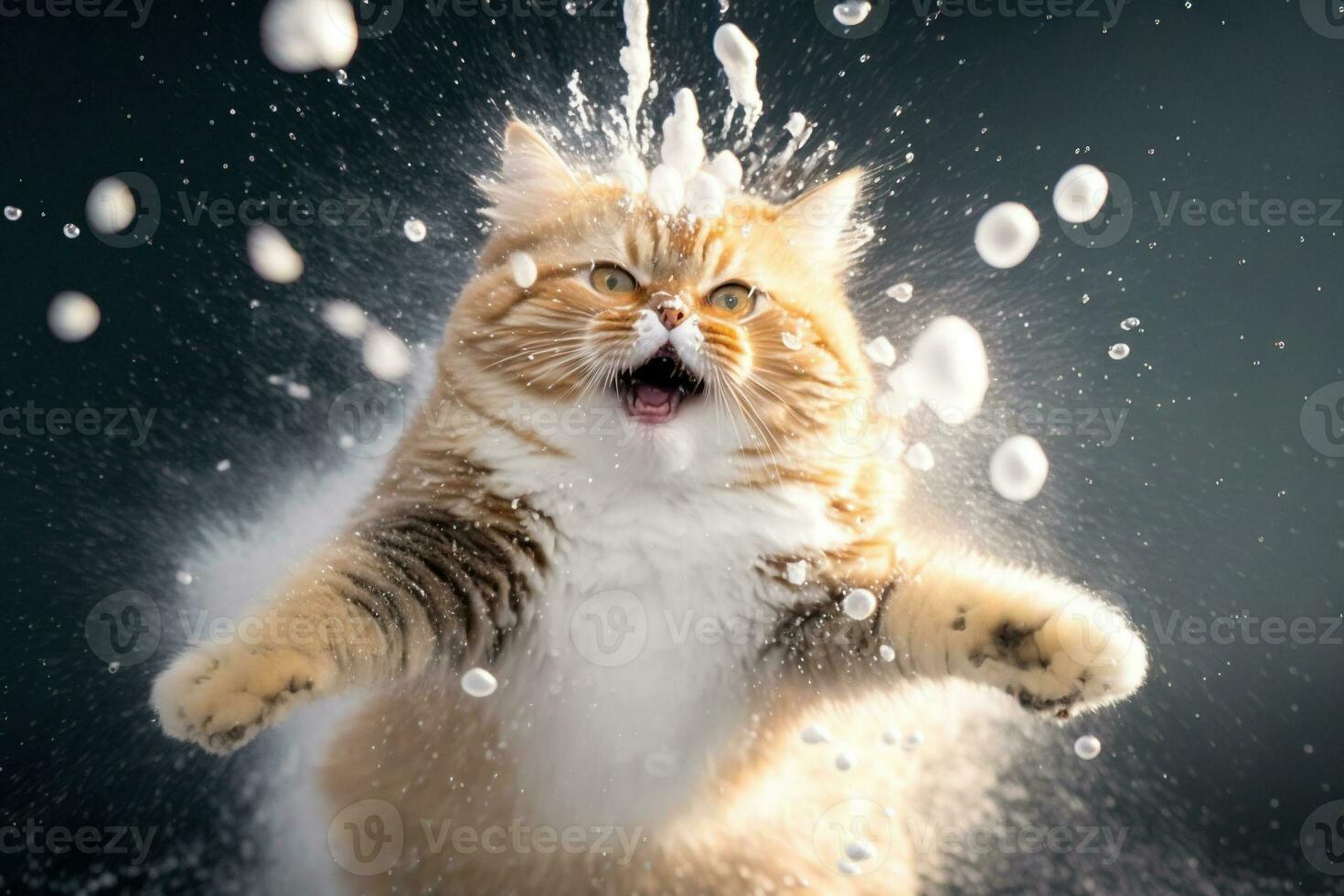 gato abofeteado por bola de nieve. linda gatito con sorprendido y enojado rostro, golpear por nieve durante nieve luchar. generado ai. foto