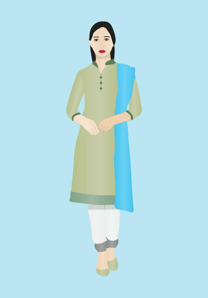 Girl wearing traditional Pakistani suit shalwar kameez and dupatta vector