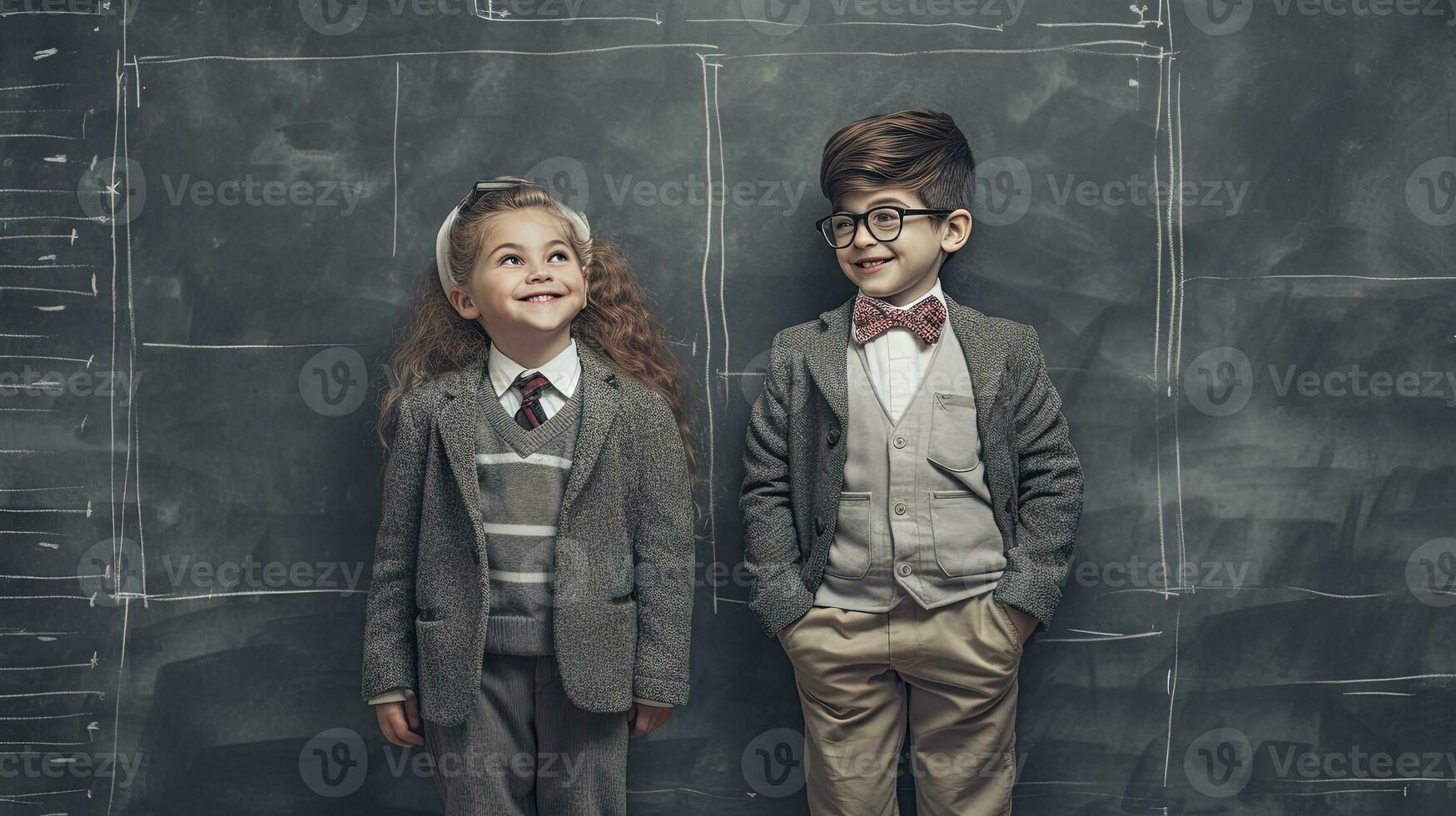 School pupil, boy and girl standing in front of black board. School children couple. Generated AI. photo