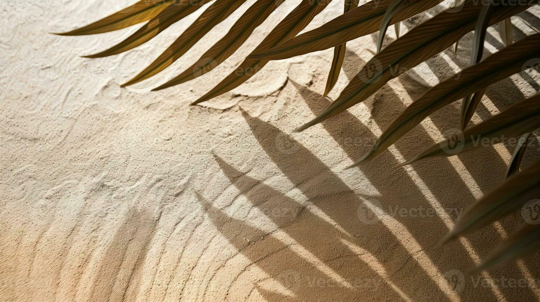 Plam leaves on the tropical beach sand background. Vacation and relaxation concept with dry palm leaves on the hot summer beach. Generated AI. photo