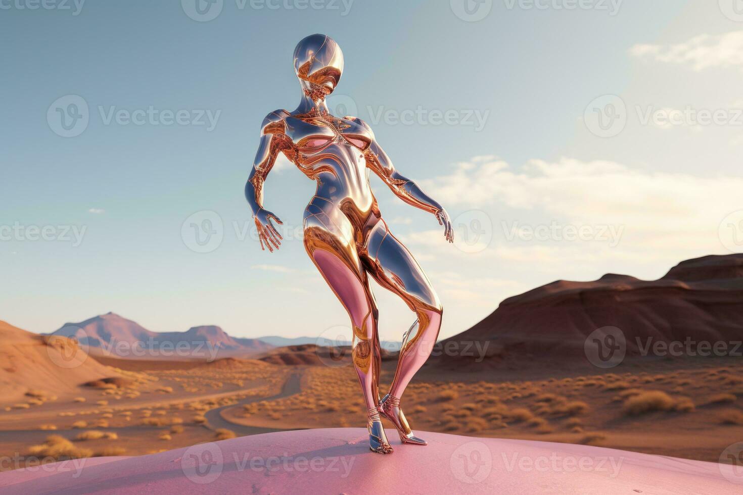 Crome robot woman dancing in the desert. Artificial intelligence rise and shiny. Mechanical beauty. Generated AI. photo