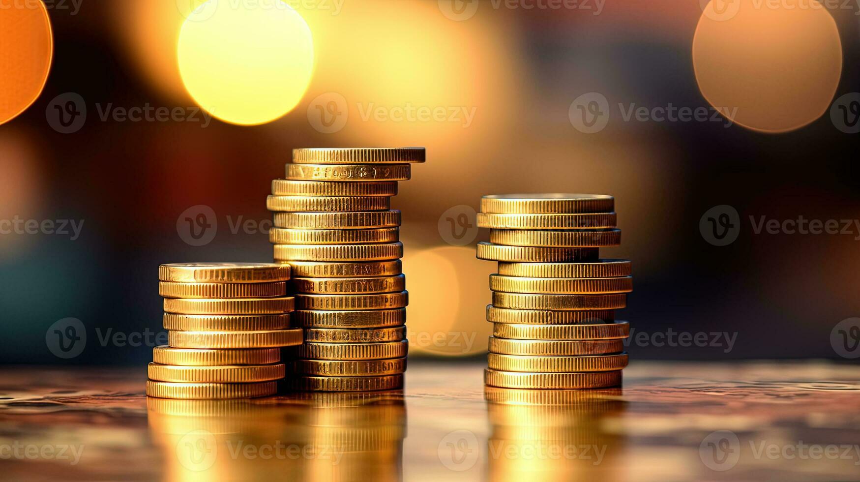 Money concept background with stacks of golden coins. Finance abstract with yellow coins. Generated AI. photo