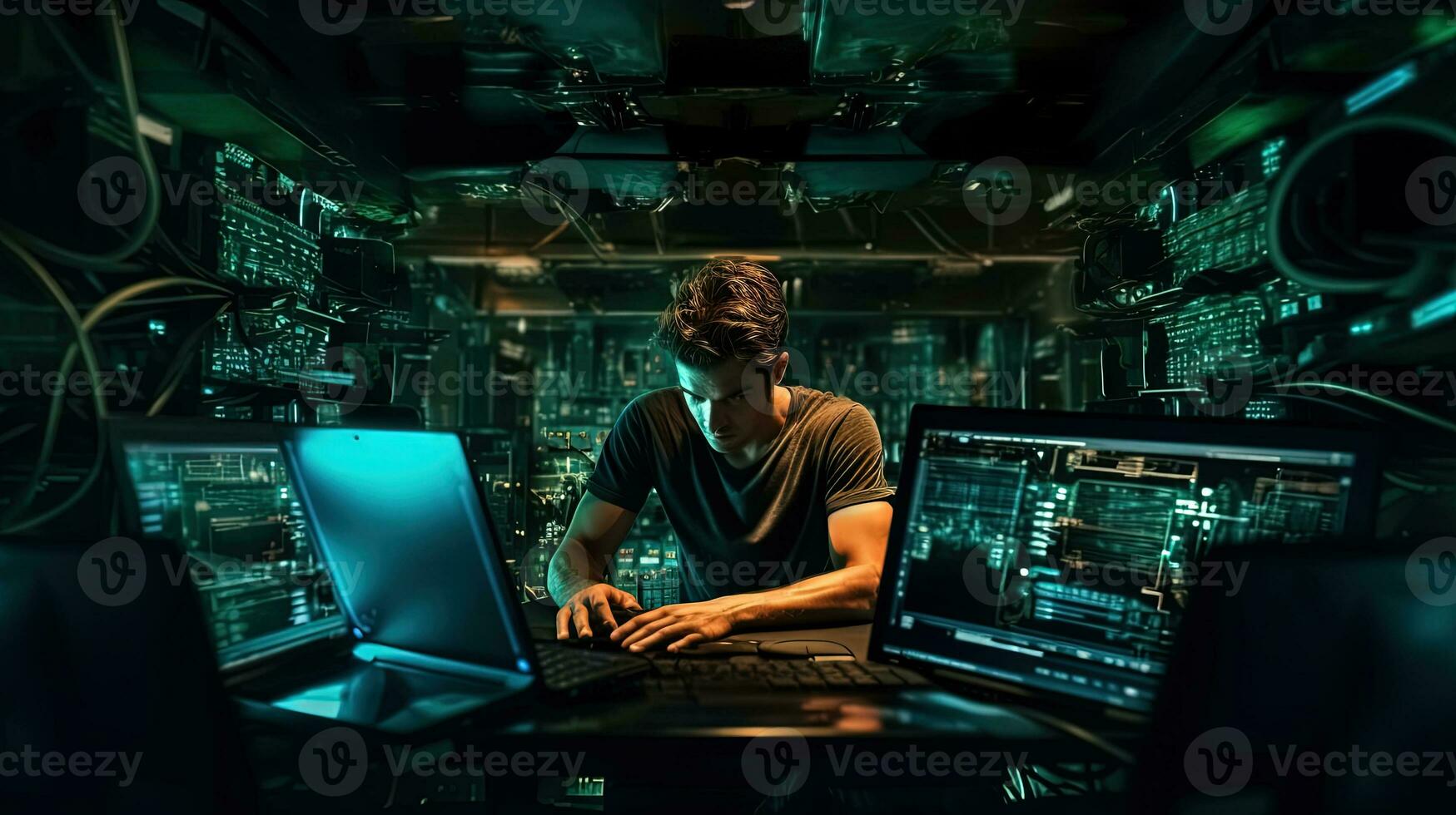 hombre sentado con ordenador portátil en el secreto laboratorio. hacker enviando el virus. generado ai. foto
