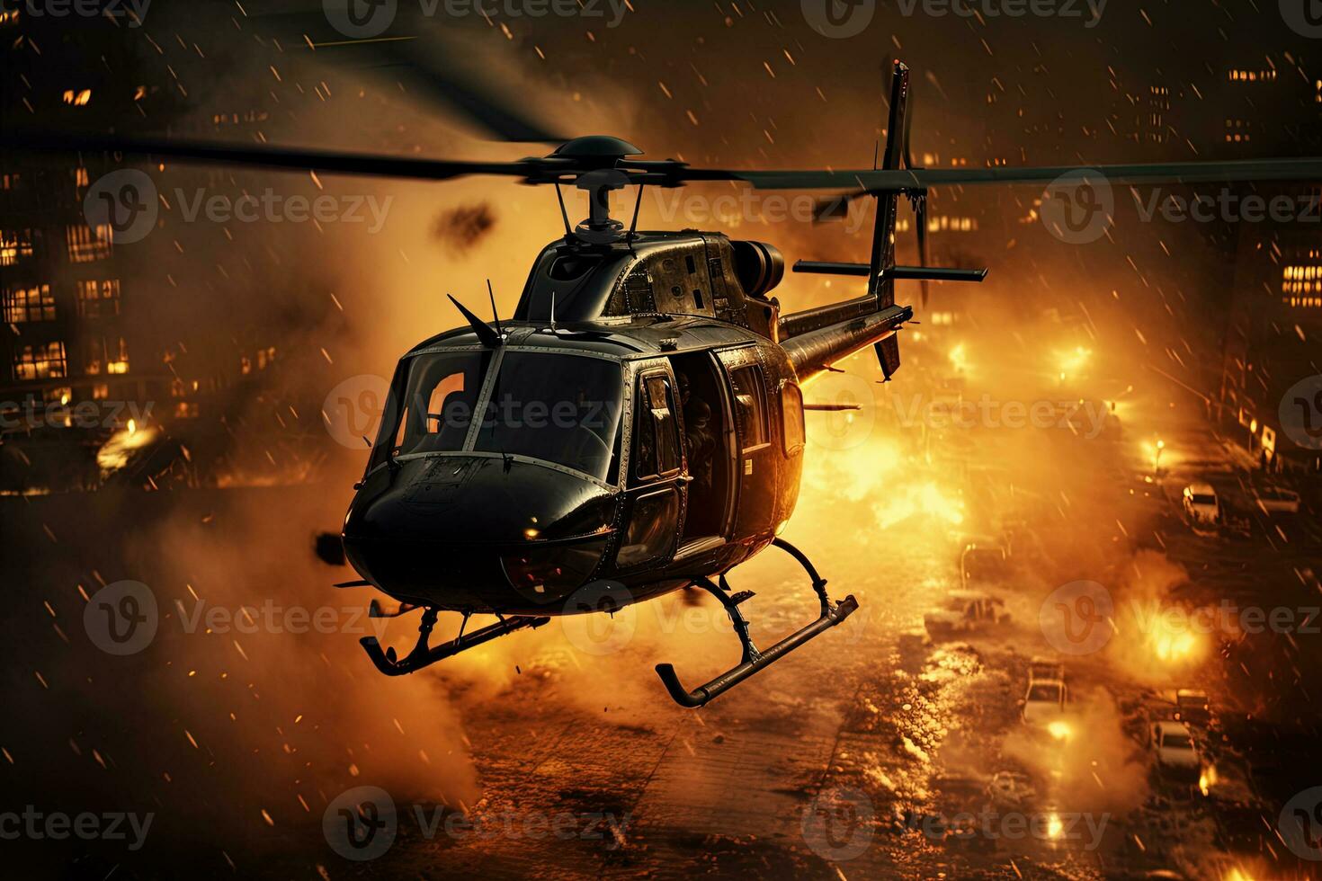Action shot with helicopter hovering in the air over flame and explosions. Dynamic scene in action movie blockbuster style. Generated AI photo