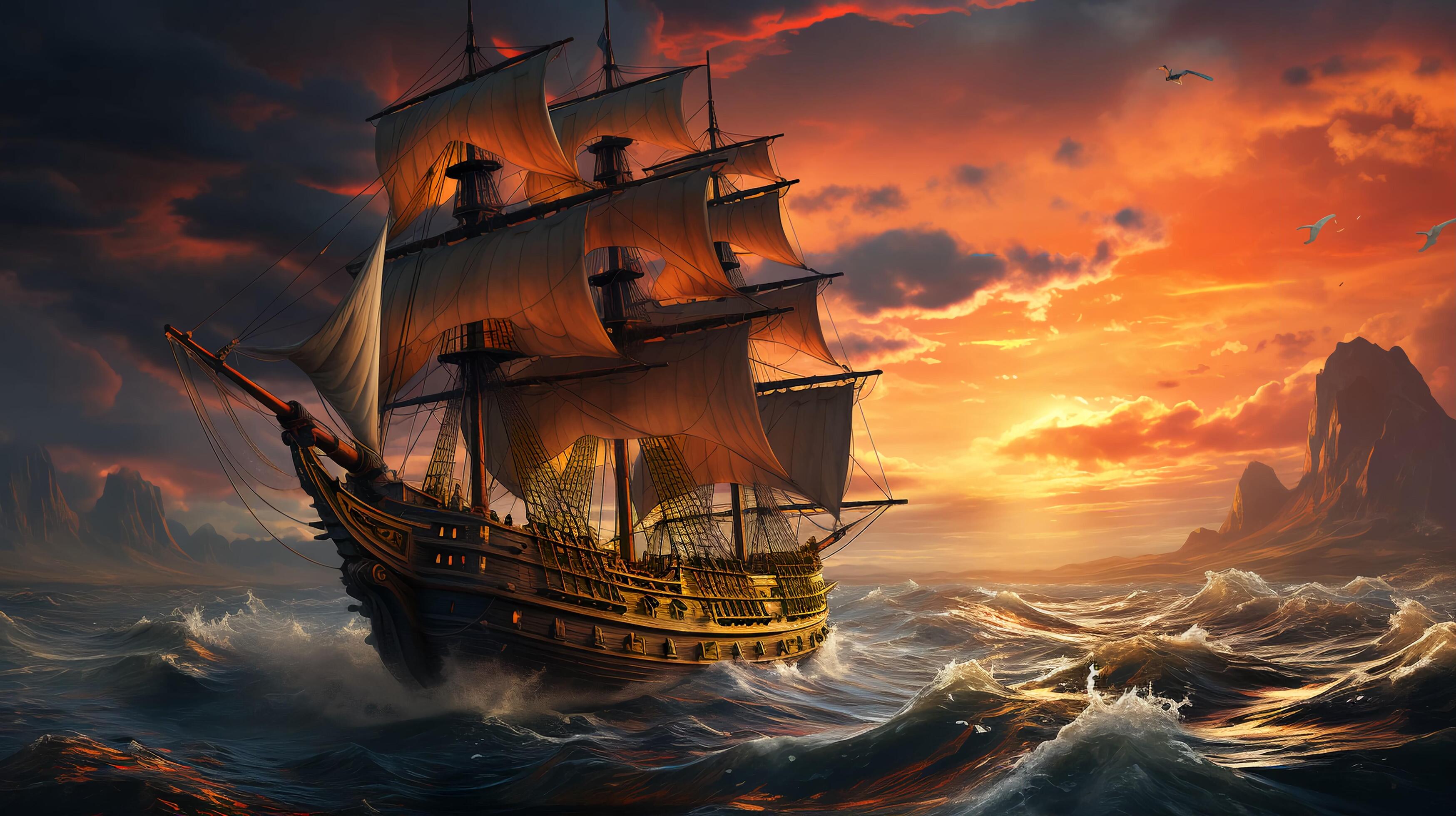 An old sailing ship with high masts that uses a sail and the power of