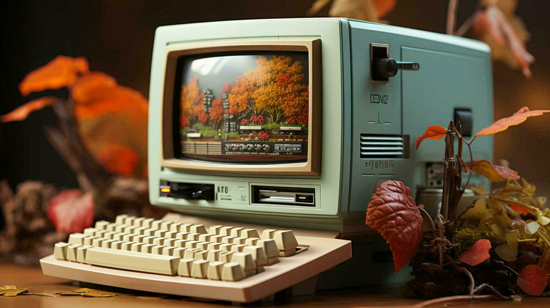 Old stylish vintage retro personal computer for video games and work poster from the 80s 90s photo