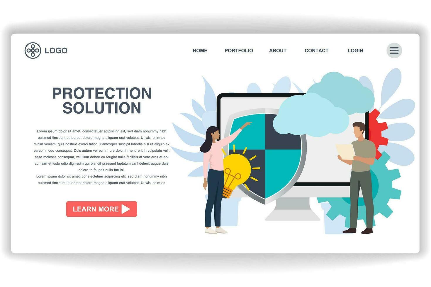 A woman was pointing at the shield. website page Protection Solution. Modern flat design concept of web page design for website and mobile website vector