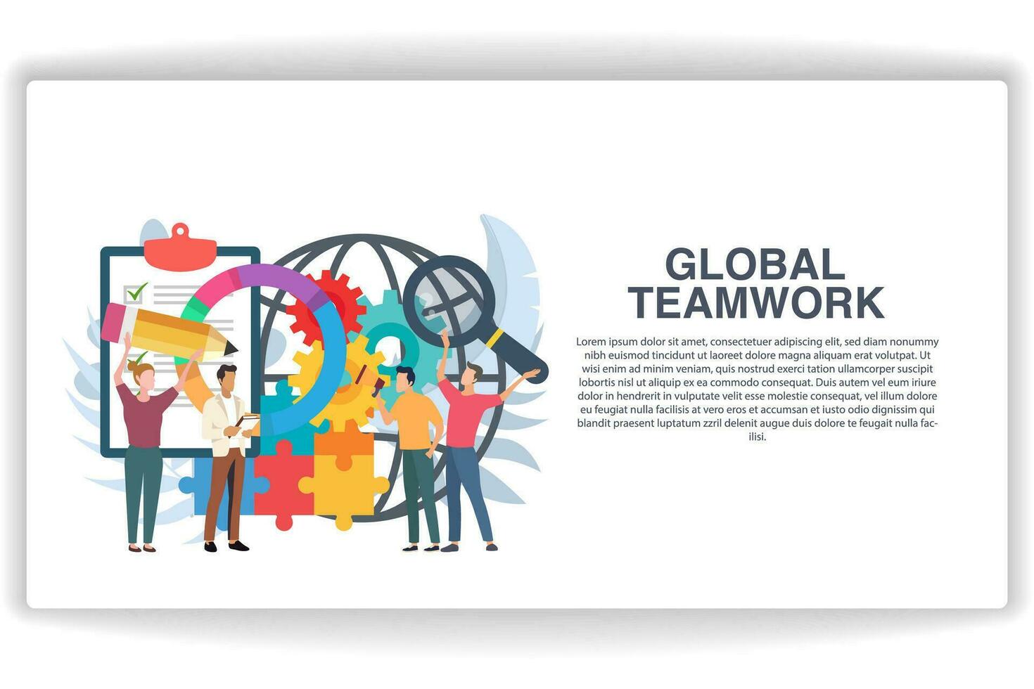 A woman holding a pencil. website page Global Teamwork. Modern flat design concept of web page design for website and mobile website vector