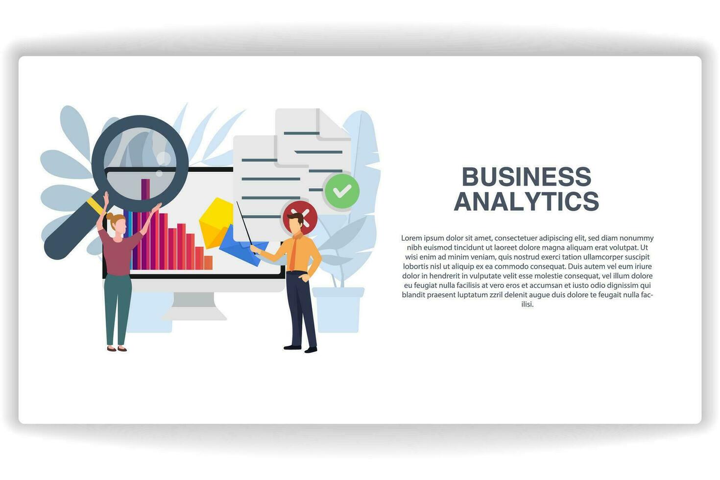 A woman carrying a magnifying glass. website page Business Analytics. Modern flat design concept of web page design for website and mobile website vector