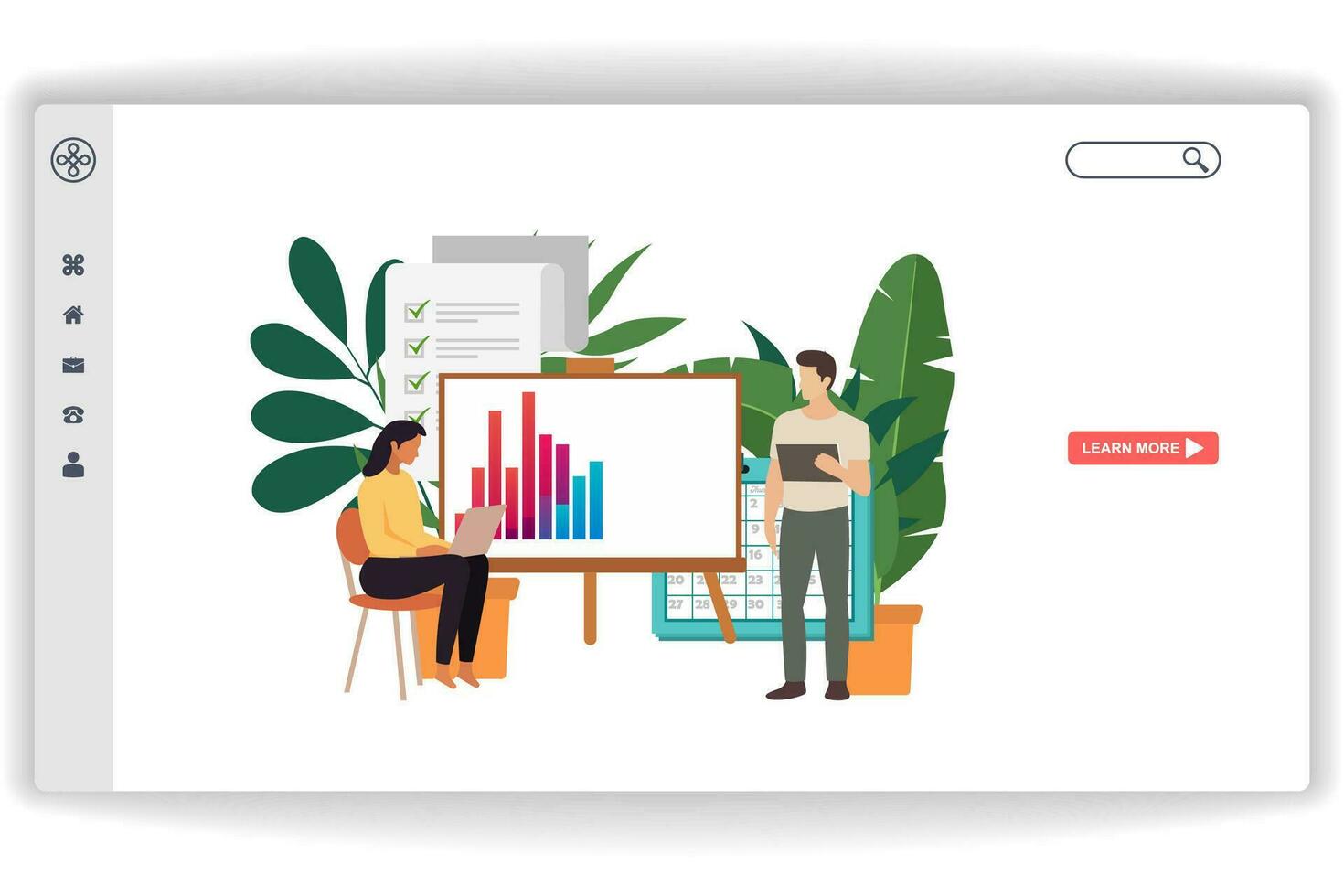 A woman is cupping data. website page Financial Management. Modern flat design concept of web page design for website and mobile website vector