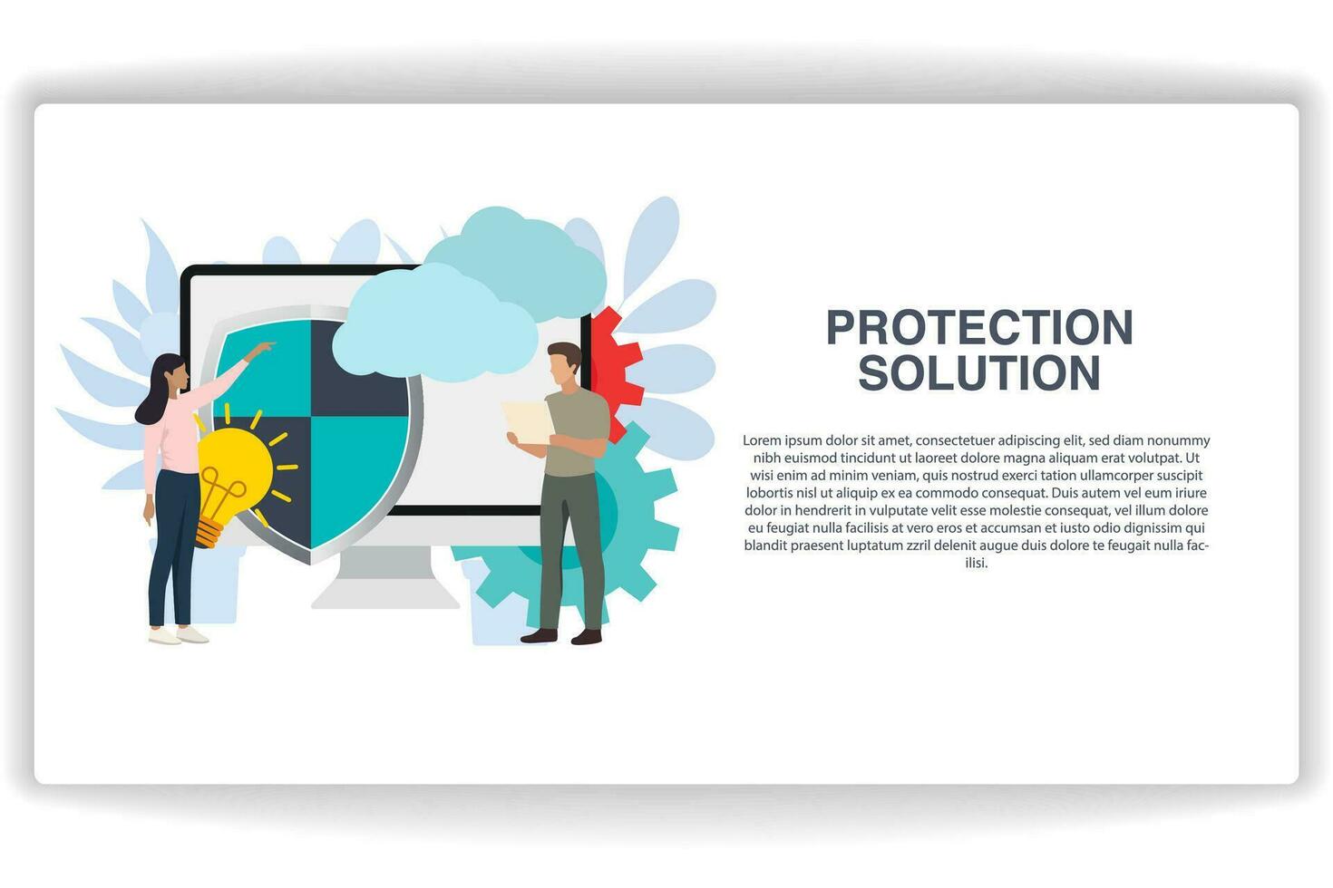 A woman was pointing at the shield. website page Protection Solution. Modern flat design concept of web page design for website and mobile website vector