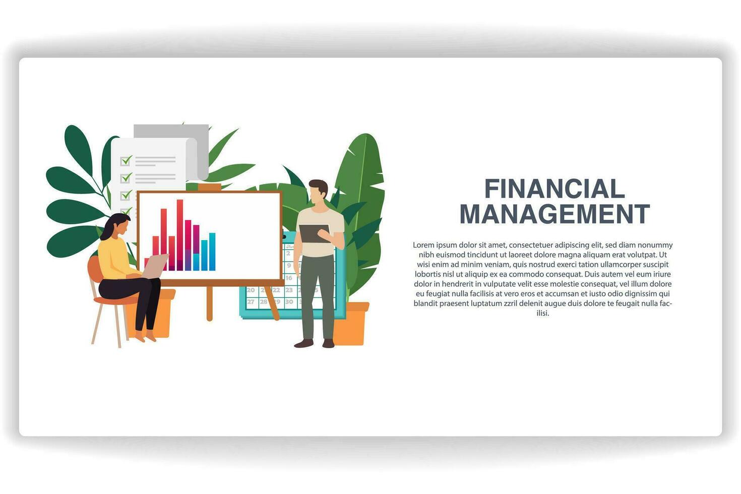 A woman is cupping data. website page Financial Management. Modern flat design concept of web page design for website and mobile website vector