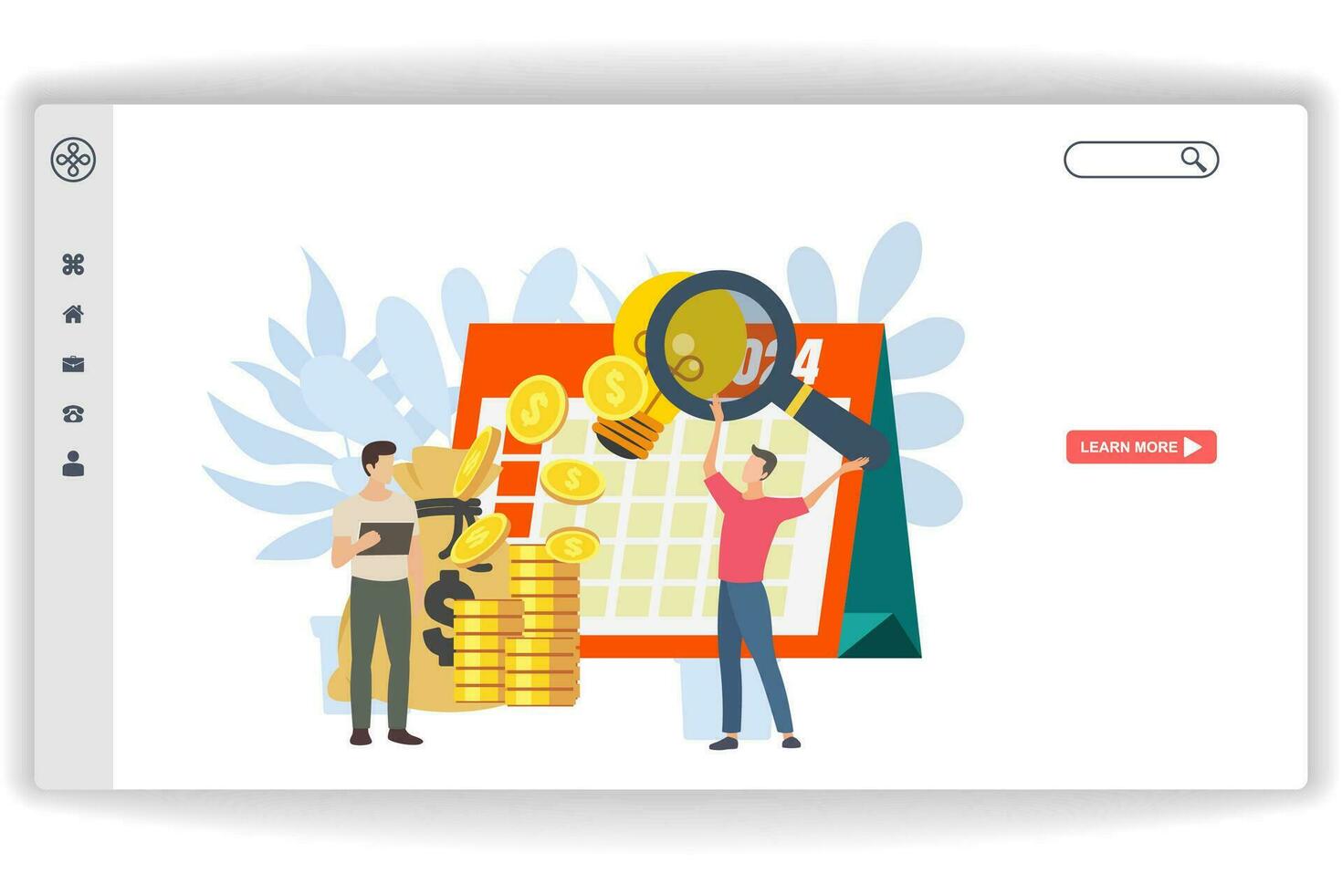 A man is holding a magnifying glass. website page Investment Solution. Modern flat design concept of web page design for website and mobile website vector