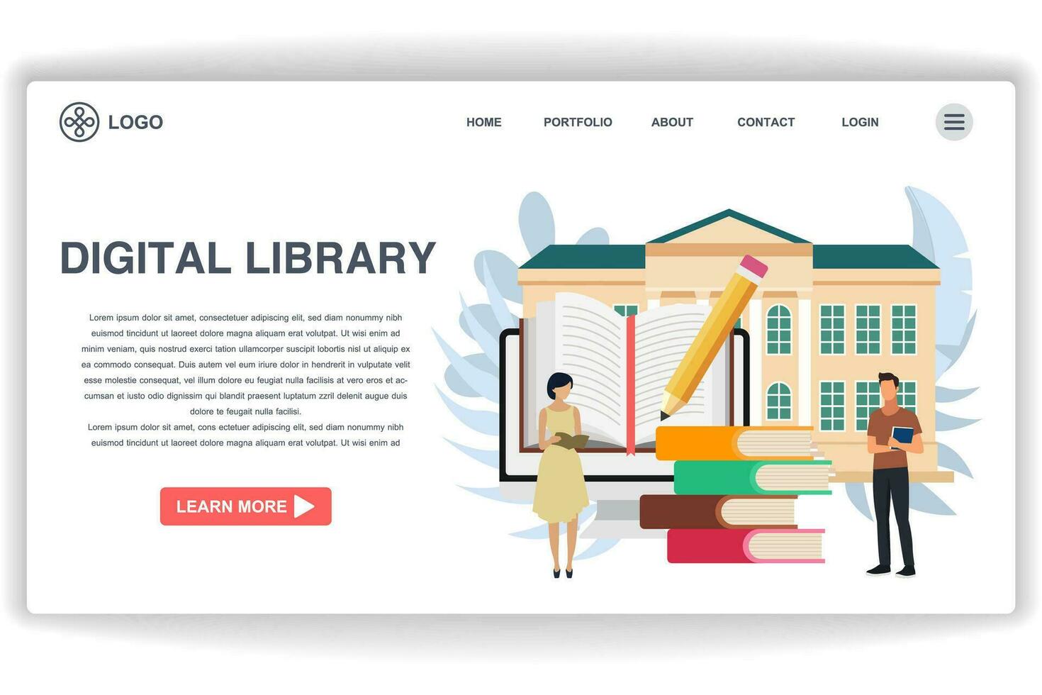 A woman reading a book. website page Digital Library. Modern flat design concept of web page design for website and mobile website vector