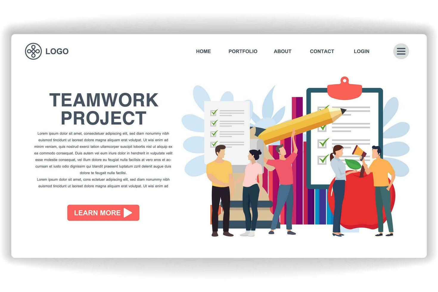 A man holding a pencil. website page Teamwork Project. Modern flat design concept of web page design for website and mobile website vector