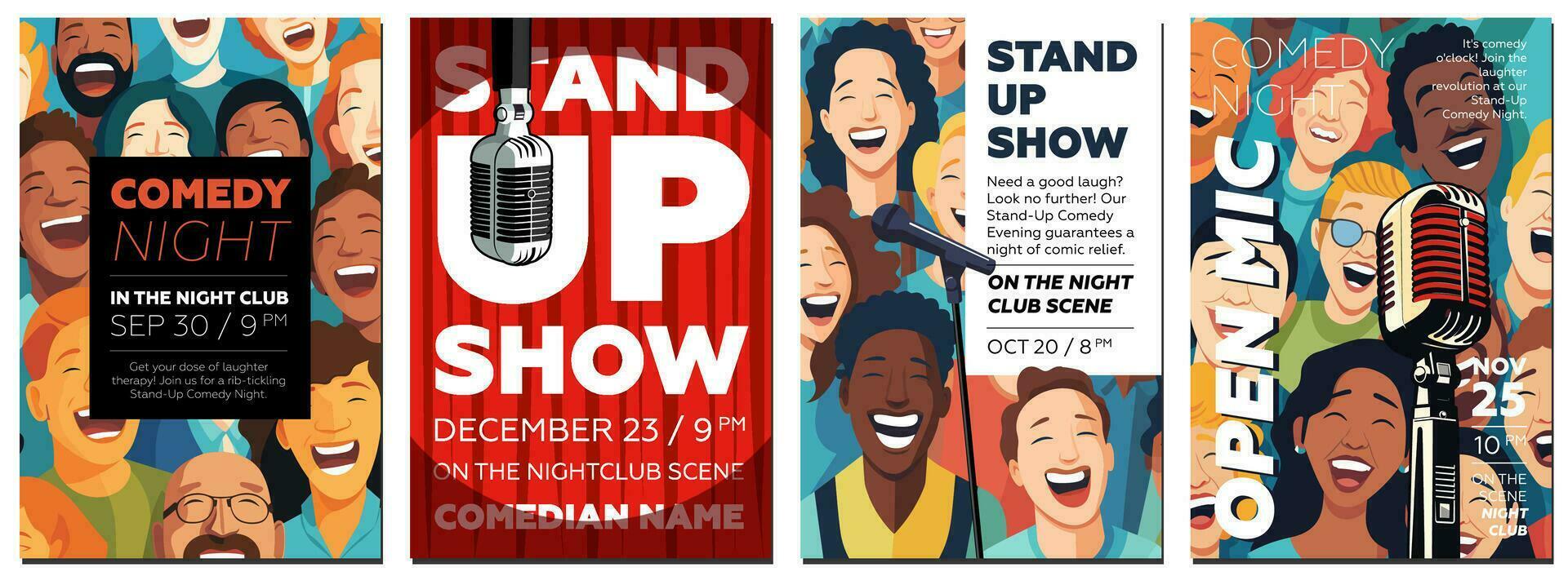 Stand up comedy show poster set. Open mic night comedian event flyer and print template collection. Vintage microphone with laughing people on placard. Advertising typography banner vector eps design