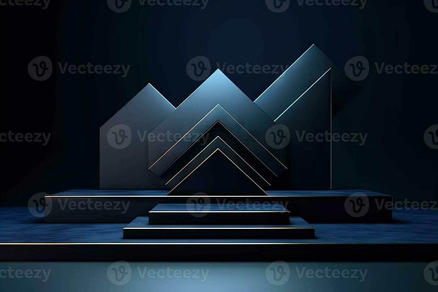 Dark blue pedestal in black room with geometric shapes. Podium for product showcase. Generated AI. photo